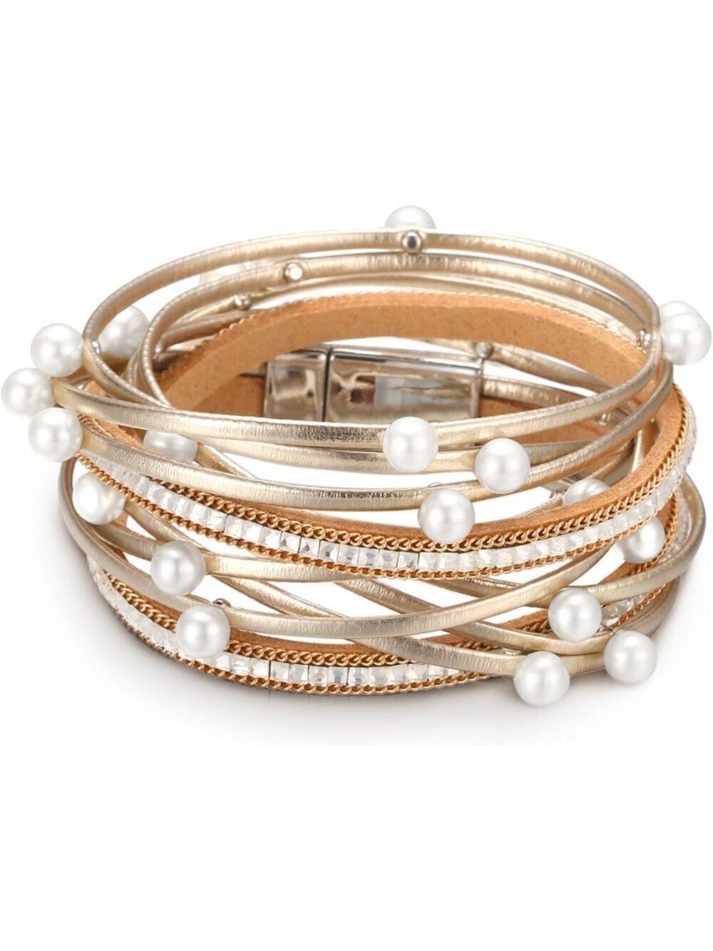 Women Gold Pearl Leopard Multi Layer Crystal Beads Cuff Leather Wrap Bracelets